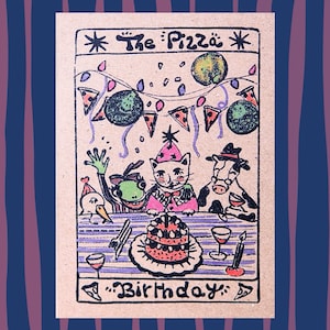 Carte de tarot d'anniversaire pizza lunatique avec chat et autres animaux