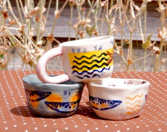 Handmade Stoneware Espresso Cups with sardines - ceramic art piece