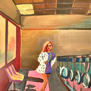 Stampa pop art vintage rosa funky su carta riciclata - 'The Launderette'
