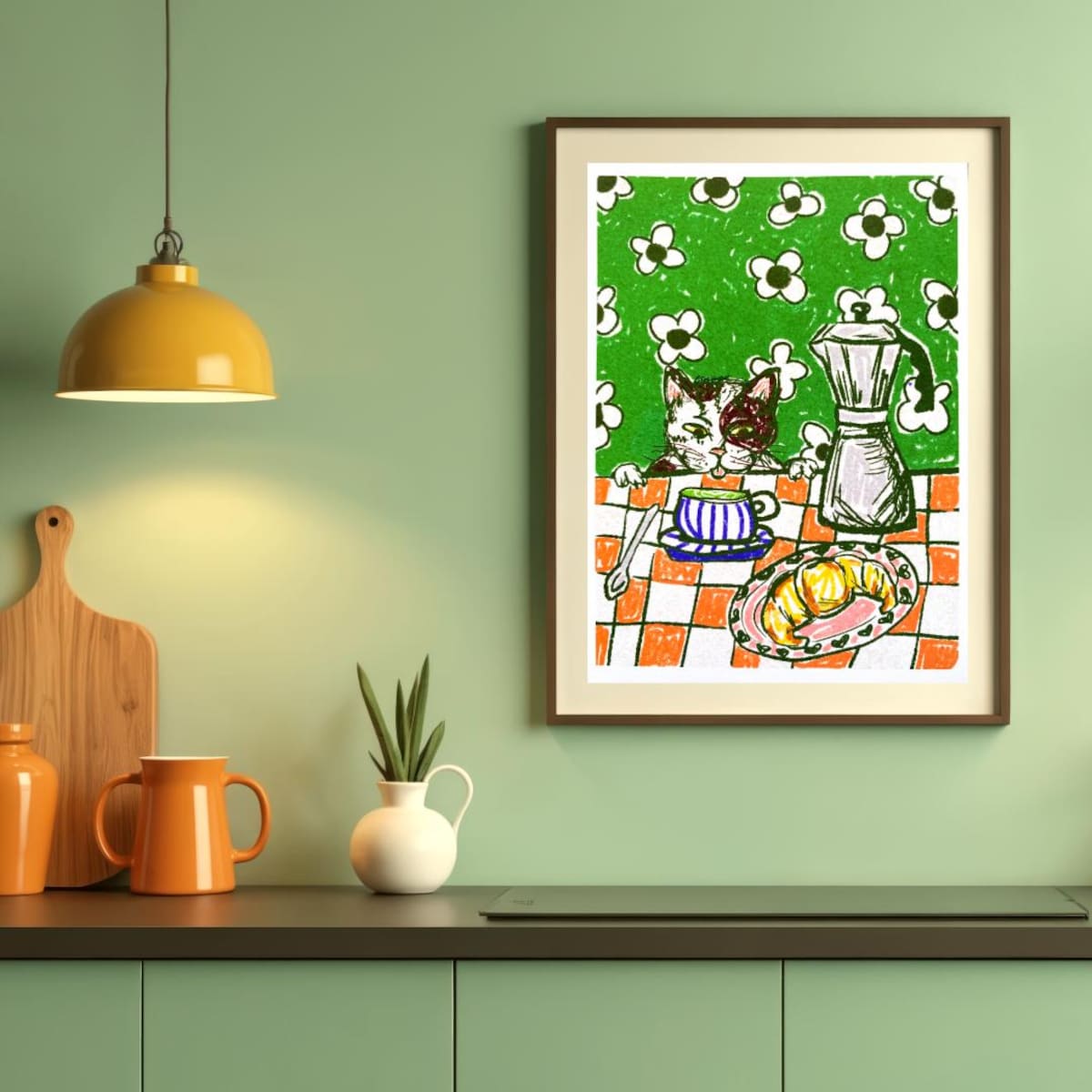 Whimsical Matcha Cat and Coffee Breakfast Green Wall Art - Etsy (16.5 x 23.4)
