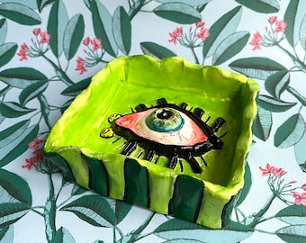 Eye-insect clay incense holder, handmade and hand painted in iridescent lime green. For the quirky weird home decor lover