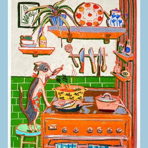 Whimsical Dinner Time Dog Art Print - Chef Kiss Wall Decor image 1