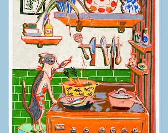 Lustiger Dinner Time Hund Kunstdruck - Koch Kuss Wanddekoration