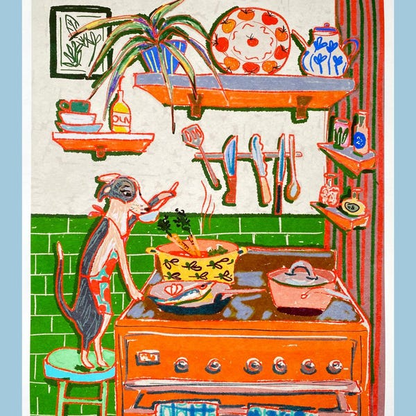 Lustiger Dinner Time Hund Kunstdruck - Koch Kuss Wanddekoration