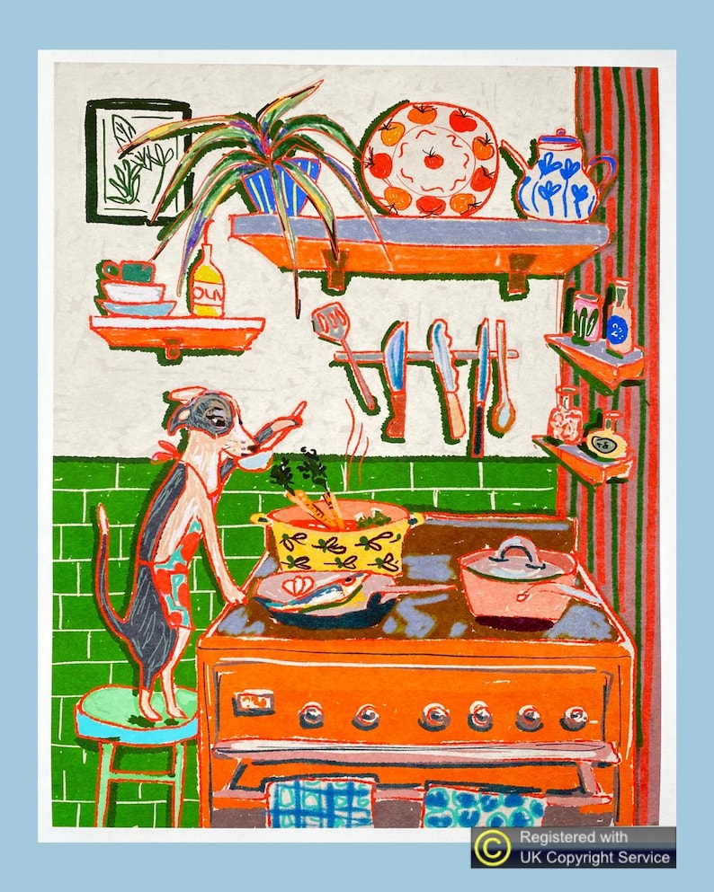 Whimsical Dinner Time Dog Art Print - Chef Kiss Wall Decor image 1
