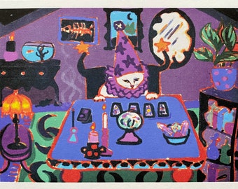 Zauberhafte Hexe Katze als Tarot Kartenleser Kunstdruck - mystisches Wandbild