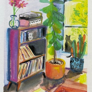 May include: A watercolor painting of a room with a bookshelf filled with records, a potted plant, and a cat sitting in a window. The bookshelf is painted in shades of purple, pink, and brown. The plant is a large green leafy plant in a terracotta pot. The cat is black and sitting in a window with a view of a green and yellow landscape.