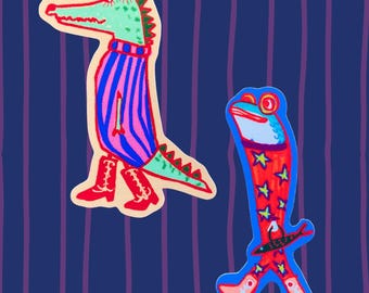 Funky eigenzinnigheid stickers: sardine en krokodil met cowboylaarzen