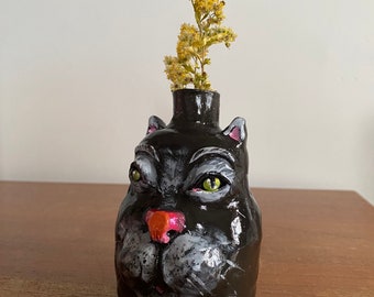 Handmade and hand painted black clay “Cheshire cat” black cat small vase