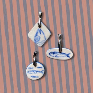 Handmade ceramic sardine pendant charms- nautical and coastal jewellery