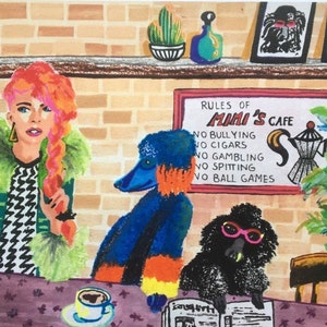 A5 Mimi's cafe art print on recycled paper pictures poodles and girl having a latte at the local cafe, cafe and dogs lover decor image 1