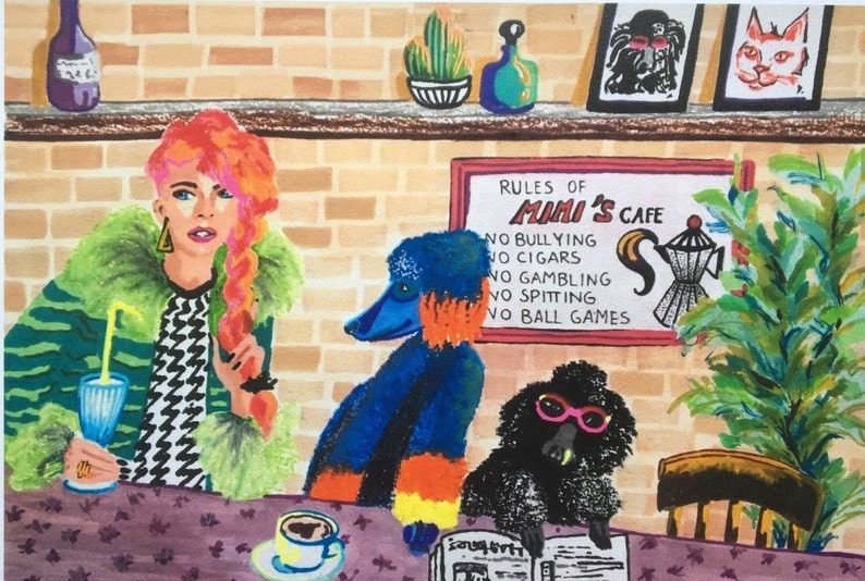 A5 Mimi's cafe art print on recycled paper pictures poodles and girl having a latte at the local cafe, cafe and dogs lover decor image 1