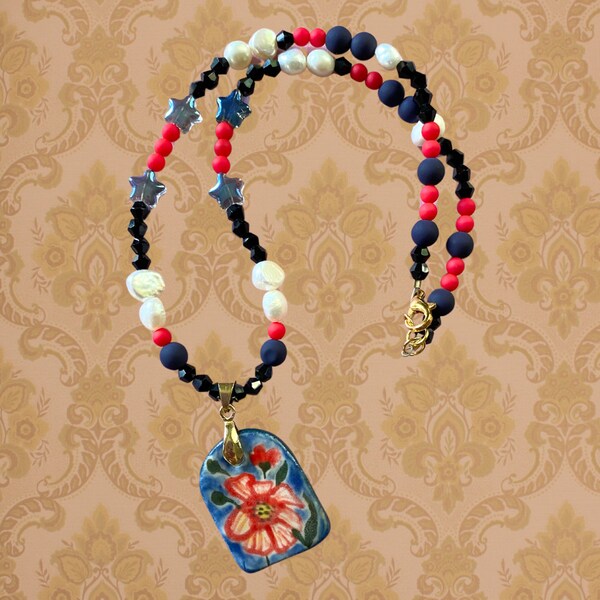 Freshwater pearls and glass beads heirloom necklace with handmade ceramic red flower charm