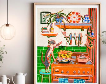 May include: A colorful art print depicting a dog wearing an apron standing on a stool while cooking at an orange stove. The kitchen scene features green tiled walls, floating shelves with various kitchenware, a potted plant, and hanging utensils.