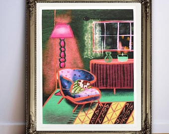 Sleepy Dog Art Print: Cozy Night Illustration, Dog Lover Gift