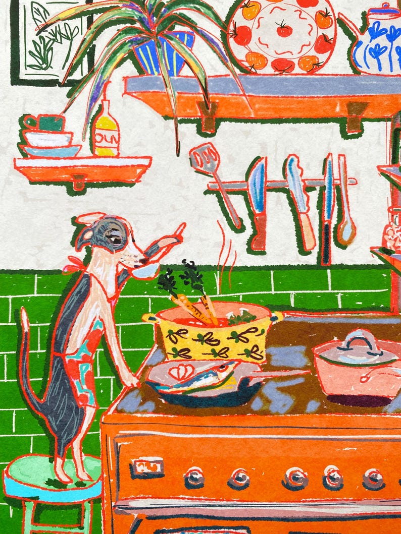 Whimsical Dinner Time Dog Art Print - Chef Kiss Wall Decor image 2
