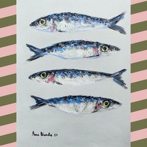 Four Sardines original mix media painting for Food Lovers