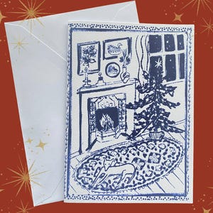 Puppy's first Christmas elegant blau illustrierte Weihnachtsszene auf strukturierter 5x7 "-Karte - für Hunde- und Hausliebhaber
