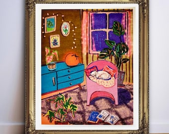 Sleepy Cat Print: Tomato Lamp, Retro Chair Illustration