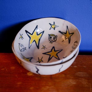 Handmade cats and stars ceramic bowls - magical kitchenware