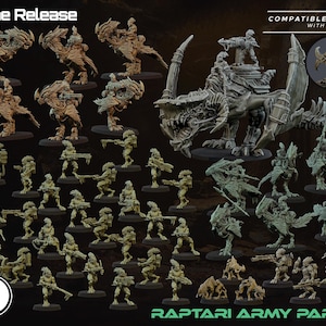 May include: A collection of miniature figurines titled Raptari Army Part 1, featuring various reptilian-like creatures, some mounted on large beasts, others standing with rifles, all displayed against a dark background with June Release text.