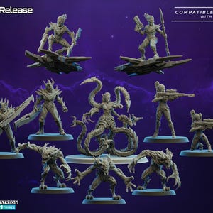 May include: A collection of ten gray miniature figures featuring various sci-fi characters, including two on hoverboards, two with rifles, two with blades, and three monstrous creatures, plus a central figure with multiple tentacles.