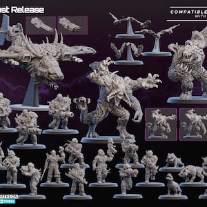 May include: A collection of miniature figurines, including a spaceship, monsters, soldiers, and creatures. The figurines are gray and appear to be made of plastic. The text "August Release" and "Compatible with One Page Rules" are visible.