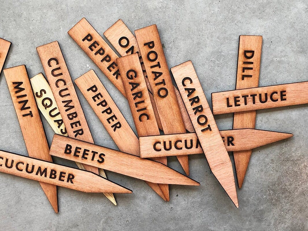 Wood Garden Stakes 7 Laser Engraved Vegetable Signs Etsy