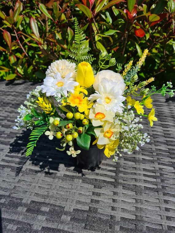 Graveside Faux Flower Pot Yellow and White Etsy UK