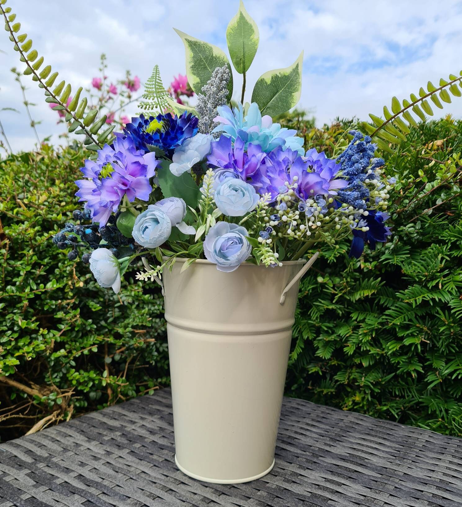 Blue Silk Flower display with cream zinc vase. Etsy