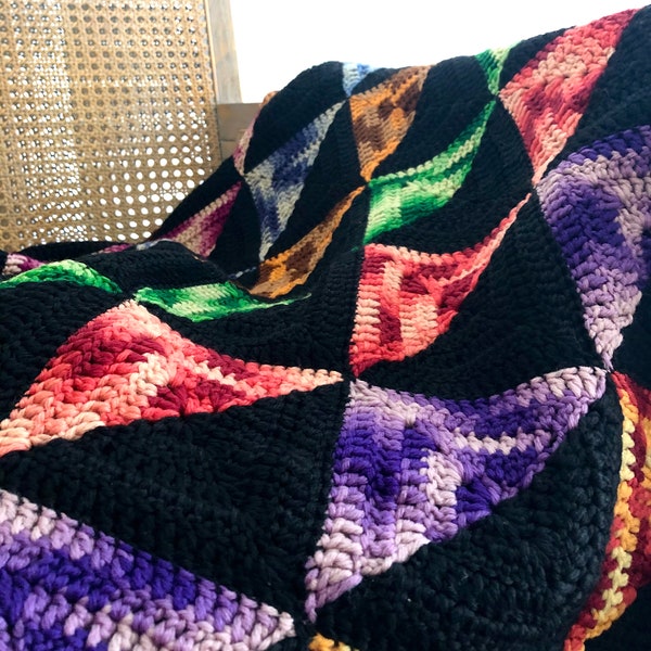 Handmade Multicolor/Black Afghan Knit Vintage Blanket with Scalloped Edges