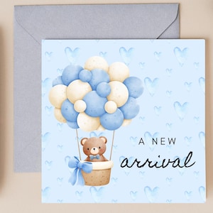 Carte de voeux pour nouveau-né : ours en peluche et ballons | Thème rose ou bleu | Blanc à l'intérieur