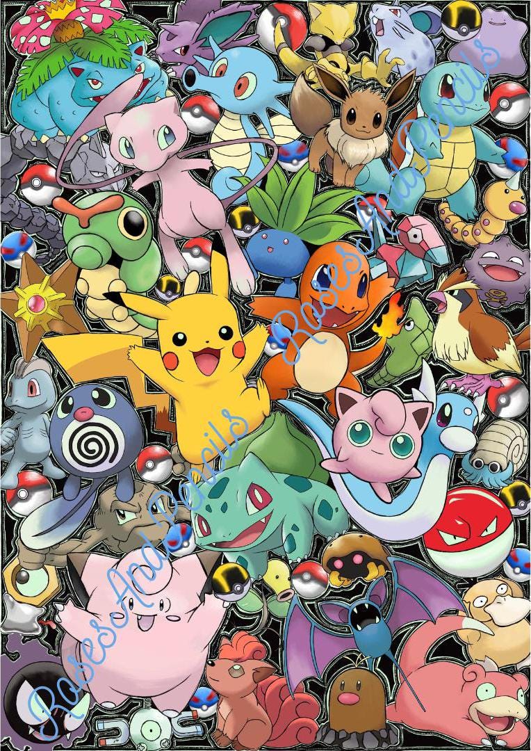Impression d'art numérique Pokemon Assortiment d'art numérique Dessin Pikachu personnalisé Bulbizarre Dratini Pokemon Art Kanto