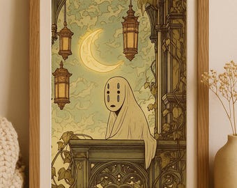 Impression d&#39;art sans visage au clair de lune avec balcon | Illustration inspirée du Studio Ghibli | Oeuvres d&#39;art dessinées à la main
