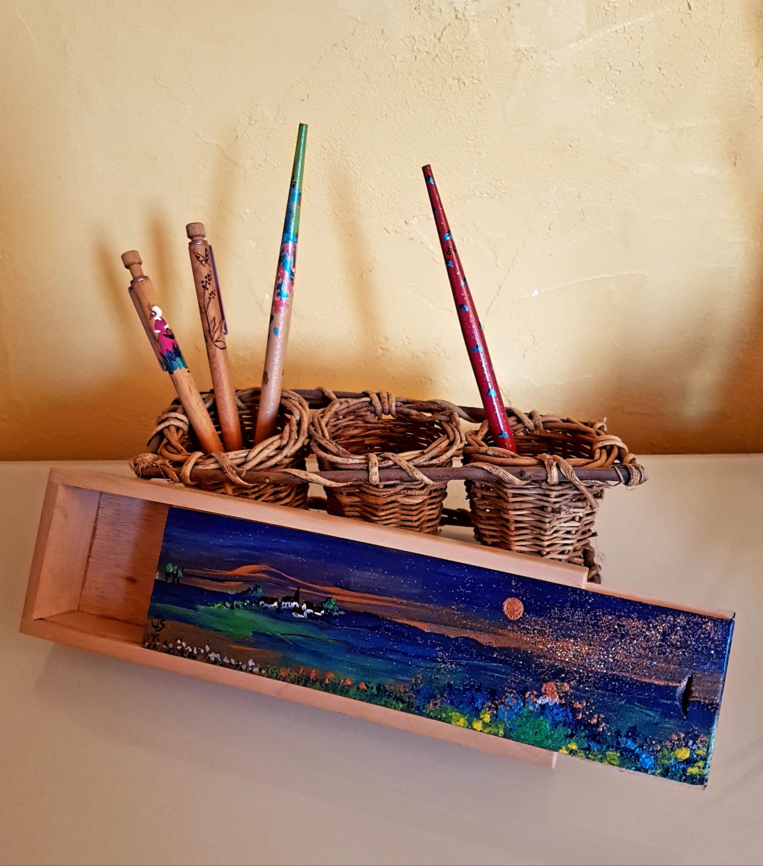 Plumier en Bois d'aulne Décoré Main