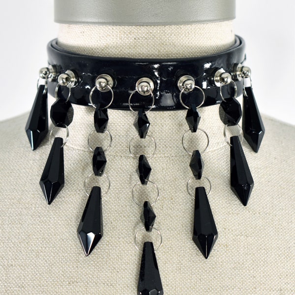 Tiara - Black Patent Faux Leather Choker with Glass Crystals