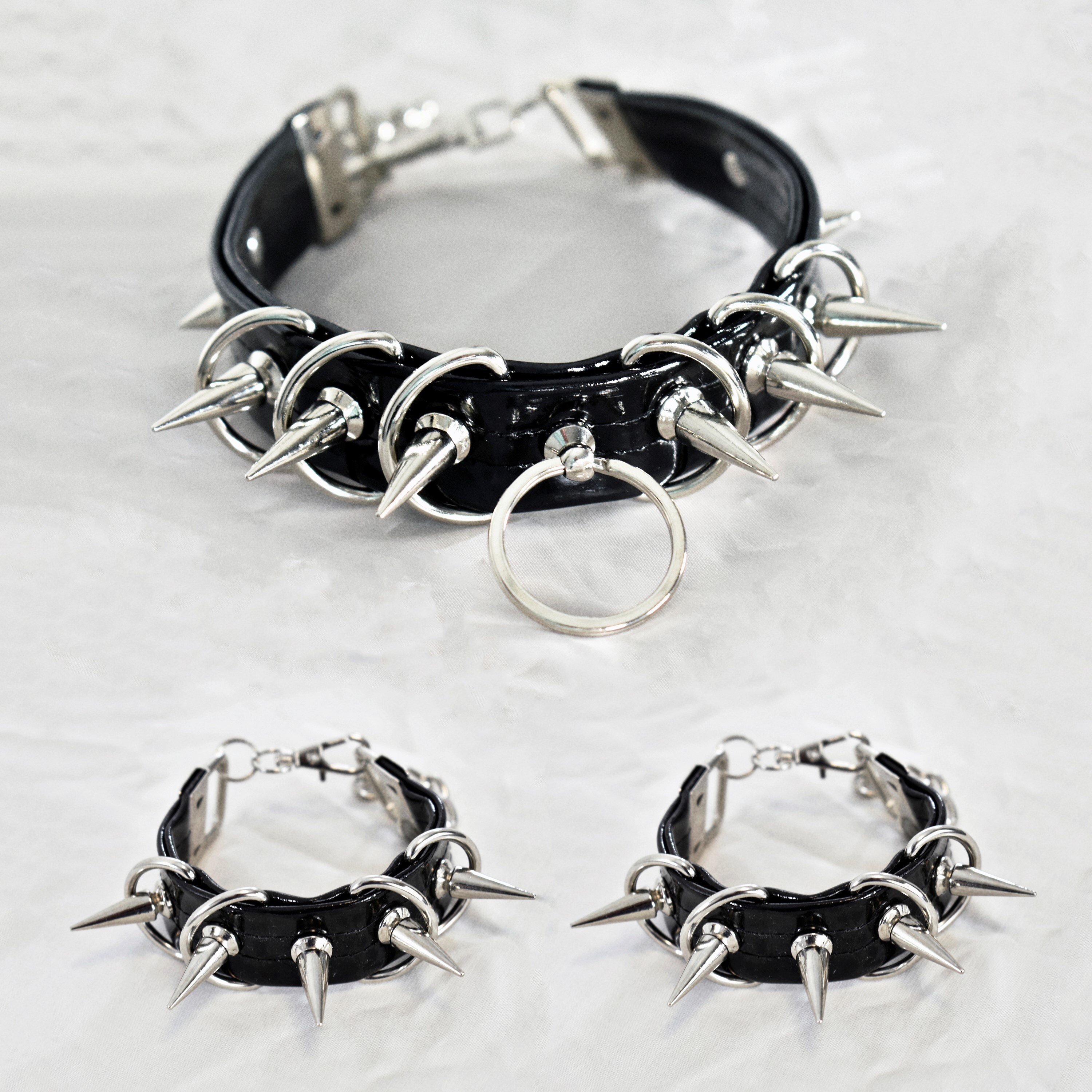 Premium Trio Bundle - Black Patent Faux Leather Choker and Cuffs (3 items)