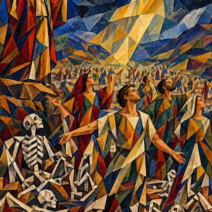 May include: A cubist-style painting depicting a central figure with arms raised toward a bright light in the sky, surrounded by people and scattered human skeletons. The composition uses geometric shapes in red, blue, yellow, and brown tones.