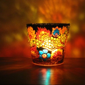 One of a kind, unique, folk flowers hand painted glass tea light / candle holder stained glass, glowpot,