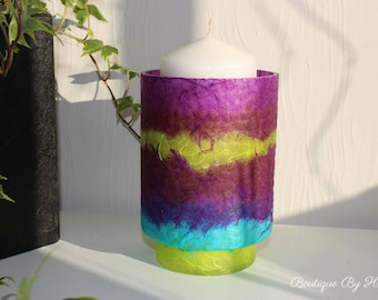 Multicolour candle holder, unique, hand decorated, mulberry paper, home decor, centrepiece, mosaic, teal lime purple, contemporary design