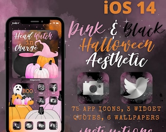Könnte beinhalten: Ein rosa-schwarzer Halloween-thematischer iOS 14-Handy-Startbildschirm mit 75 App-Symbolen, 3 Widget-Zitaten und 6 Hintergrundbildern. Der Bildschirm zeigt einen Hexenkessel, Kürbisse und ein Gespenst. Der Text "Head Witch in Charge" wird auf dem Bildschirm angezeigt.