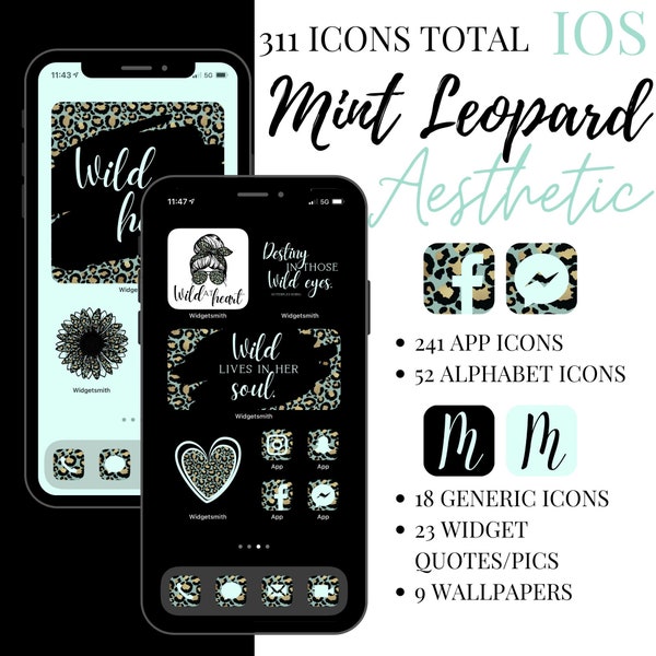 iOS Mint Leopard 2 Aesthetic iPhone Pack, 311 App Icons, 23 Widget Pics, 9 Wallpapers; PLUS 5 FREE custom icons