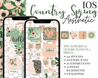 May include: A digital illustration of an iPhone screen with a country spring aesthetic. The screen is filled with pastel pink and green floral icons, including a calendar icon that says "Friday, April 8". The text "Country Spring Aesthetic" is written in green and white at the top of the image. The text "IOS" is written in white at the top right of the image. The text "APP, ALPHABET & GENERIC ICONS IN 4 PRINTS" is written in black at the bottom right of the image. The text "241 APP ICONS, 18 GENERIC ICONS, 26 ALPHABET ICONS, 10 WIDGET BACKGROUNDS, 8 WALLPAPERS, 1,140 ICONS TOTAL" is written in black at the bottom right of the image.