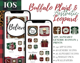 Updated iOS Buffalo Plaid & Leopard Christmas Aesthetic, 855 App Icons, 14 Widget Pics, 9 Wallpapers; PLUS 5 FREE custom app icons