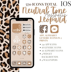 Puede incluir: Una pantalla de teléfono que muestra una colección de 570 iconos de leopardo en tonos neutros para iOS. Los iconos incluyen iconos de aplicaciones, iconos de alfabeto, iconos genéricos, widgets, fondos y fondos de pantalla. El texto en la pantalla dice "570 ICONS TOTAL IOS Neutral Tone Aesthetic Leopard".