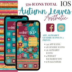 May include: A teal and gold iPhone home screen with a fall leaves theme. The screen shows a variety of app icons, including Facebook, Instagram, Uber Eats, and more. The text "570 ICONS TOTAL" and "Autumn Leaves Aesthetic" is displayed at the top of the image.