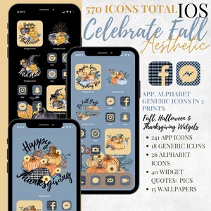 May include: A digital phone screen mockup with a blue background and a fall-themed aesthetic. The screen displays a collection of app icons, widgets, and wallpapers featuring pumpkins, fall leaves, and other autumnal imagery. The text "Celebrate Fall Aesthetic" is displayed at the top of the image. The text "570 ICONS TOTAL iOS" is also displayed at the top of the image. The text "Fall, Halloween & Thanksgiving Widgets" is displayed in the lower right corner of the image. The text "241 APP ICONS, 18 GENERIC ICONS, 26 ALPHABET ICONS, 40 WIDGET QUOTES/PICS, 15 WALLPAPERS" is displayed in the lower right corner of the image.