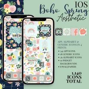 iOS Boho Spring Aesthetic iPhone Pack, 1,140 App Icons, 10 Widget Quotes/Pics, 8 Wallpapers; PLUS 5 FREE custom icons