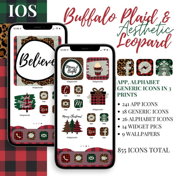Updated iOS Buffalo Plaid & Leopard Christmas Aesthetic, 855 App Icons, 14 Widget Pics, 9 Wallpapers; PLUS 5 FREE custom app icons