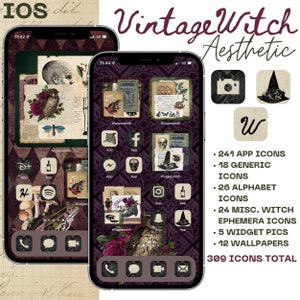 iOS Vintage Witch Aesthetic iPhone Pack, 309 App Icons, 5 Widget Bilder, 12 Wallpapers; PLUS 5 KOSTENLOSE benutzerdefinierte Symbole